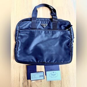 Prada Tessuto Saffi handbag Laptop Bag black nylon with cards and tags Unisex